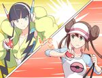  blue_eyes brown_hair double_bun green_eyes gym_leader hat headphones holding holding_poke_ball hyakuen_raitaa kamitsure_(pokemon) long_hair mei_(pokemon) multiple_girls poke_ball poke_ball_(generic) pokemon pokemon_(game) pokemon_bw2 raglan_sleeves twintails visor_cap vs 