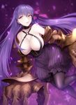  1girl bare_shoulders belt belt_buckle belt_collar breasts buckle cleavage criss-cross_halter fate/extra fate/extra_ccc fate_(series) hair_ribbon halter_top halterneck large_breasts long_hair o-ring_top passion_lip puffy_shorts purple_hair red_eyes revealing_clothes ribbon sideboob solo tagme vertical-striped_shorts vertical_stripes 
