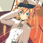  abukuma_(kantai_collection) anchor_symbol bad_id bad_pixiv_id blonde_hair blue_eyes blush double_bun hat junkaini kantai_collection long_sleeves looking_at_viewer military military_hat military_uniform oversized_clothes sailor_collar salute school_uniform serafuku smile uniform 