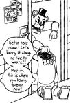  adventure_time animatronic bear black_and_white bow_tie cartoon_network dialogue doorway english_text five_nights_at_freddy&#039;s freddy_(fnaf) hat machine male mammal monochrome parody pointing reaction_image robot slightlysimian solo speech_bubble text video_games 