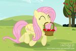  2017 apple basket cloud cutie_mark equine feathered_wings feathers female feral flower fluttershy_(mlp) food friendship_is_magic fruit grass hair hi_res mammal my_little_pony object_in_mouth outside pegasus pink_hair plant shutterflyeqd sky smile solo tree wings yellow_feathers 
