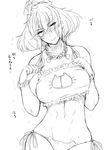  blush bra breasts cat_cutout cat_ear_panties cleavage cleavage_cutout cowboy_shot greyscale hair_ornament huge_breasts leaf_hair_ornament meme_attire monochrome panties short_hair side-tie_panties solo text_focus tobisawa touhou translated underwear yasaka_kanako 