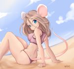  2018 animal_humanoid beach blue_eyes breasts butt clothed clothing female hair humanoid krakenparty long_hair looking_at_viewer mammal mouse_humanoid nipple_bulge outside rodent rodent_humanoid seaside smile solo sun swimsuit 