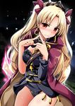  bangs blonde_hair blush cape earrings ereshkigal_(fate/grand_order) fate/grand_order fate_(series) gold_trim hair_ribbon jewelry kiki_(koikuchikinako) long_hair looking_at_viewer red_cape red_eyes red_ribbon ribbon skull solo sweat tiara twintails 