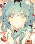 chocolate eyelashes food fruit green_eyes green_hair hair_between_eyes hatsune_miku holding holding_hair long_hair lots_of_laugh_(vocaloid) melting pig_ggul sailor_collar simple_background solo star strawberry sweets twintails vocaloid 