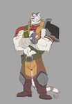  2017 anthro biceps big_muscles clothed clothing feline fur furrybob grimoire_of_zero hi_res male mammal mercenary_(character) muscular muscular_male solo tiger white_fur 