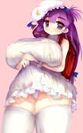  amii backpack bad_id bad_pixiv_id bag blue_ribbon breasts commentary_request crescent crescent_hair_ornament dress dress_lift eyebrows_visible_through_hair hair_ornament hat large_breasts long_hair mob_cap panties patchouli_knowledge purple_eyes purple_hair randoseru red_ribbon ribbon solo thick_eyebrows thick_thighs thighhighs thighs touhou underwear 
