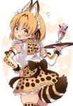  animal_ears back blonde_hair blush bow commentary_request cowboy_shot elbow_gloves extra_ears flying_sweatdrops food frills from_behind gloves high-waist_skirt highres holding holding_tray kemono_friends looking_at_viewer looking_back maid_headdress open_mouth serval_(kemono_friends) serval_ears serval_print serval_tail shirt short_hair skirt sleeveless sleeveless_shirt solo striped_tail suzuki_toto tail thighhighs tray two-tone_background wrist_cuffs yellow_eyes 