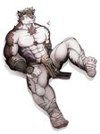  2017 abs anthro armpits canine clothed clothing fur headband hi_res horkeukamui loincloth male mammal moru_(artist) multicolored_fur muscular muscular_male nipples pecs simple_background solo tokyo_afterschool_summoners white_fur wolf 