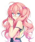  agekichi_(heart_shape) bare_shoulders blue_eyes earrings glasses hair_ornament jewelry long_hair looking_at_viewer original pink_hair simple_background solo strap_slip twintails watch white_background wristwatch 