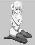  black_legwear blush breasts collarbone covering covering_breasts greyscale long_hair looking_at_viewer monochrome navel nude ribbon saenai_heroine_no_sodatekata sawamura_spencer_eriri simple_background sitting small_breasts solo thighhighs tokinohimitsu twintails wariza wavy_mouth 