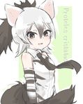  aardwolf_(kemono_friends) aardwolf_ears aardwolf_tail animal_ears artist_name bare_shoulders black_hair character_name gloves kemono_friends multicolored_hair necktie open_mouth ponytail solo tail tatsuno_newo two-tone_hair upper_body white_background white_hair 
