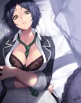  artist_name bed_sheet between_breasts black_bra black_jacket blue_hair blush bra breasts cleavage collarbone collared_shirt crossed_arms day eyebrows_visible_through_hair frilled_pillow frills green_neckwear hayami_kanade head_tilt highres idolmaster idolmaster_cinderella_girls jacket jjune large_breasts lingerie lips long_sleeves looking_at_viewer looking_up lying necktie necktie_between_breasts on_back on_bed open_clothes open_jacket open_mouth open_shirt pillow shiny shiny_skin shirt short_hair sleeves_pushed_up sleeves_rolled_up solo sunlight underwear upper_body white_shirt wing_collar yellow_eyes 