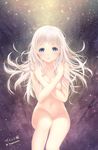  blue_eyes breasts collarbone colored_eyelashes covering covering_breasts feet_out_of_frame gradient gradient_background lips long_hair looking_at_viewer medium_breasts nude original parted_lips signature sky solo star_(sky) starry_sky twitter_username youqiniang 
