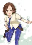  brown_eyes brown_hair commentary_request idolmaster idolmaster_cinderella_girls looking_at_viewer mizuki_seira necktie one_eye_closed open_mouth pants plaid plaid_pants sazaki_hiyoru short_hair smile solo 