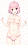  1girl bare_arms bare_shoulders blush breasts chocolate chocolate_heart cleavage collarbone commentary_request cowboy_shot gluteal_fold groin head_tilt heart highres looking_at_viewer medium_breasts mouth_hold navel nijihashi_sora original panties pink_eyes pink_hair pink_panties polka_dot polka_dot_background short_hair solo standing stomach underwear valentine white_background 