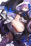  1girl armor armored_boots ass blue_eyes blue_ribbon boots closed_mouth fate/grand_order fate_(series) floating_hair goomrrat hair_ribbon highres juliet_sleeves leg_up long_hair long_sleeves looking_at_viewer meltlilith navel puffy_sleeves purple_hair revealing_clothes ribbon sleeves_past_fingers sleeves_past_wrists smile solo standing standing_on_one_leg stomach thighs very_long_hair white_background wide_sleeves 