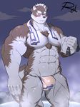  2017 abs anthro canine clothed clothing fur hi_res horkeukamui male mammal multicolored_fur muscular muscular_male nipples pecs reclamon simple_background solo tokyo_afterschool_summoners 