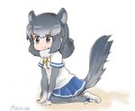  animal_ears artist_name chinchilla_(kemono_friends) fur_trim gloves grey_eyes grey_hair kemono_friends miniskirt pantyhose simple_background sitting skirt solo tail tail_raised tatsuno_newo white_background 