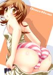  1girl artist_request ass bare_shoulders blush breasts brown_eyes brown_hair cameltoe drive_head huge_ass ishino_mikoto leaning leaning_forward long_hair looking_at_viewer open_mouth panties shiny shiny_clothes shiny_hair shiny_skin sideboob solo striped striped_panties underwear undressing 