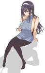  1girl aran_sweater backless_outfit bare_shoulders black_hair black_legwear breasts footjob full_body hairband hand_on_another's_head hand_to_own_mouth hetero kasumigaoka_utaha katsurai_yoshiaki large_breasts long_hair meme_attire no_shoes pantyhose penis red_eyes ribbed_sweater saenai_heroine_no_sodatekata sidelocks simple_background smile sweater turtleneck turtleneck_sweater virgin_killer_sweater white_background 