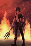  bad_id bad_pixiv_id black_hair black_pants black_shirt boots capri_pants final_fantasy final_fantasy_xv fingerless_gloves fire gloves glowing glowing_eyes male_focus noctis_lucis_caelum pants polearm red_eyes shirt single_glove solo standing t-shirt torn_clothes torn_shirt trident weapon yunelala 