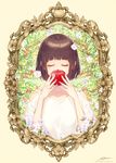  apple artist_name bangs bare_shoulders blunt_bangs blush brown_hair closed_eyes collarbone commentary_request eyebrows_visible_through_hair facing_viewer flower food fruit fuyuno_yuuki hair_flower hair_ornament highres holding holding_food holding_fruit long_sleeves original picture_frame ribbon shiny shiny_hair shirt short_hair shoulder_cutout simple_background solo tree tree_branch upper_body watermark web_address white_flower white_ribbon white_shirt yellow_background 