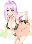  artist_name bikini blush bracelet breasts camouflage camouflage_bikini cleavage collarbone cu-no dog_tags green_bikini hand_on_own_knee hanging_breasts hisenkaede jewelry large_breasts leaning_forward long_hair looking_at_viewer open_mouth original pink_hair purple_eyes simple_background solo swimsuit twitter_username yayoi_sakura 