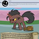  angry animated bitterplaguerat black_mane dialogue english_text equine fan_character feral horn horse loki_(bitterplaguerat) mammal my_little_pony pony pouch solo text unicorn yellow_eyes 