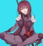  armor blush bodysuit breasts citron_82 fate/grand_order fate_(series) indian_style lance large_breasts long_hair looking_at_viewer open_mouth polearm purple_bodysuit purple_hair red_eyes scathach_(fate)_(all) scathach_(fate/grand_order) sitting smile solo weapon 