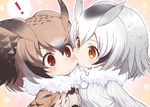  2girls :&gt; :| =3 biting black_hair blonde_hair blurry blush bokeh brown_coat brown_eyes brown_hair buttons cheek_biting closed_mouth coat commentary depth_of_field eurasian_eagle_owl_(kemono_friends) eyebrows eyebrows_visible_through_hair eyelashes fur_collar gradient_hair grey_hair hair_between_eyes head_wings highres jpeg_artifacts kemono_friends light_brown_eyes long_sleeves looking_at_another looking_away multicolored multicolored_eyes multicolored_hair multiple_girls northern_white-faced_owl_(kemono_friends) outline pink_background ransusan red_eyes short_hair sweat tareme upper_body v-shaped_eyebrows white_coat white_hair white_outline wings yellow_eyes 