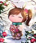  animal_ears artist_name brown_hair bunny_ears closed_eyes dragon_quest dragon_quest_x flower geta gift hair_flower hair_ornament japanese_clothes kz_ripo long_hair minigirl pukuripo_(dq10) scarf side_ponytail snow solo standing tabi temari_print 