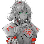 armor citron_82 cowboy_shot fate/apocrypha fate_(series) green_eyes long_hair looking_at_viewer monochrome mordred_(fate) mordred_(fate)_(all) ponytail solo spot_color upper_body 