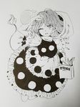  book doremy_sweet dream_soul dress greyscale hajin hat hat_removed headwear_removed missing_limb monochrome multicolored multicolored_clothes multicolored_dress nightcap one_eye_closed open_mouth pom_pom_(clothes) puffy_short_sleeves puffy_sleeves short_hair short_sleeves solo tail touhou 