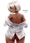  1girl backboob bob_cut breasts cowboy_shot dark_skin from_behind ganguro green_eyes gyaru highres large_breasts looking_at_viewer mole_under_mouth no_bra open_shirt shirt short_hair silver_hair simple_background solo souryu thong undressing white_background 