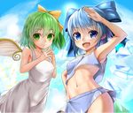  :d areola_slip areolae arm_up armpits bangs bare_arms bare_shoulders blue_eyes blue_hair blue_sky bow breasts cirno cloud cloudy_sky collarbone cowboy_shot crop_top crop_top_overhang daiyousei day dress eyebrows_visible_through_hair fairy_wings fang green_hair hair_between_eyes hair_bow hand_on_hip hands_together hands_up highres ice ice_wings long_hair looking_at_viewer midriff miniskirt multiple_girls navel open_mouth own_hands_together petals shiron_(e1na1e2lu2ne3ru3) short_hair side_ponytail skirt sky sleeveless small_breasts smile standing stomach sundress touhou upshirt wings 