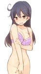  ahoge black_hair blush bra breasts brown_eyes collarbone covering covering_crotch embarrassed eyebrows_visible_through_hair hair_between_eyes hand_on_own_arm holding_arm kantai_collection long_hair looking_at_viewer medium_breasts nagami_yuu no_panties purple_bra simple_background solo underwear ushio_(kantai_collection) white_background 