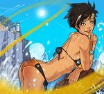  ass back bent_over bikini black_hair breasts brown_eyes eyewear_on_head ganassa jewelry lips medium_breasts overwatch pendant short_hair side-tie_bikini solo spiked_hair sunglasses swimsuit tracer_(overwatch) underboob wet 