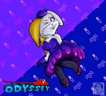  anthro blonde_hair breasts clothing dfkjr dress female hair lagomorph legwear mammal mario_bros nintendo one_eye_closed pantyhose pose purple_background rabbit simple_background super_mario_odyssey video_games wink 