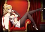  absurdres ass between_breasts black_legwear blue_eyes breasts bridal_gauntlets capelet chair covered_nipples duke_of_york_(zhan_jian_shao_nyu) gloves hand_on_own_face high_heels highres huang_(pixiv3580877) large_breasts leg_lift legs long_hair long_legs necktie necktie_between_breasts pantyhose smile solo thighband_pantyhose zhan_jian_shao_nyu 