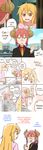  absurdres black_suit blonde_hair bow bowtie comic commentary_request dragon_girl dragon_horns fang formal glasses gradient_hair hard_translated highres horns humanization kobayashi-san_chi_no_maidragon kobayashi_(maidragon) md5_mismatch monsterification multicolored_hair multiple_girls nightea role_reversal stitched suit sweat third-party_edit tooru_(maidragon) what_if 