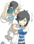  1boy 1girl baseball_cap black_hair blonde_hair blush carrying eyes_closed green_eyes hand_on_headwear hat lillie_(pokemon) long_hair male_protagonist_(pokemon_sm) natsuno_hamuto open_mouth pokemon pokemon_(game) pokemon_sm shirt short_hair short_sleeves simple_background skirt smile striped striped_shirt teeth white_background white_shirt white_skirt 