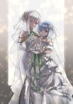  alternate_hairstyle bare_shoulders blue_eyes blue_hair bouquet breasts bride choker cleavage closed_mouth collarbone colored_eyelashes detached_collar dress elf emilia_(re:zero) eyebrows_visible_through_hair flower full_body gem hair_flower hair_ornament hair_up head_tilt high_heels highres kabane_(follabi) leg_up looking_at_viewer medium_breasts multiple_girls pantyhose pointy_ears purple_eyes re:zero_kara_hajimeru_isekai_seikatsu rem_(re:zero) rose shoes silver_hair smile sparkle standing strapless strapless_dress veil wedding_dress white_dress white_flower white_footwear white_legwear white_rose 