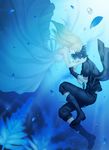  1girl air_bubble bad_id bad_pixiv_id black_hair blue boots bubble crying dress final_fantasy final_fantasy_xv flower hands_on_another's_face lunafreya_nox_fleuret noctis_lucis_caelum petals spoilers submerged tears underwater white_dress yunelala 