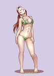  abs abysmal0 barefoot bikini breasts brown_hair burn_scar cleavage food_print fox_mask full_body half_mask head_tilt highres kunimitsu_(tekken) lips long_hair low_twintails mask medium_breasts mole mole_under_mouth navel scar solo standing swimsuit tekken tekken_tag_tournament toes twintails watermelon_print 