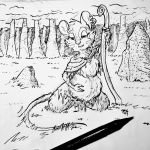  2019 angart_(artist) black_and_white cloak clothing ear_piercing ear_ring female forest grass half-closed_eyes jewelry loincloth looking_down mammal monochrome mouse pen piercing pregnant rock rodent solo staff tree 