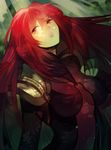  armor bad_id bad_pixiv_id bodysuit breasts fate/grand_order fate_(series) head_tilt highres large_breasts long_hair looking_at_viewer naoko_(juvenile) pauldrons purple_bodysuit red_eyes red_hair scathach_(fate)_(all) scathach_(fate/grand_order) shoulder_armor solo 