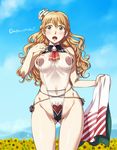  :o ass_visible_through_thighs bare_shoulders blush braid breasts brown_eyes brown_hair cloud covered_navel covered_nipples cowboy_shot day eyebrows_visible_through_hair flower groin hair_between_eyes hat head_tilt heart_pasties holding holding_towel italian kantai_collection long_hair medium_breasts mini_hat open_mouth outdoors pasties ranguage sameha_ikuya sky solo string sunflower swimsuit towel translated wavy_hair zara_(kantai_collection) 