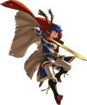  armor belt blue_eyes blue_hair boots cape fingerless_gloves fire_emblem fire_emblem:_souen_no_kiseki fire_emblem_heroes full_body gloves headband highres holding holding_weapon ike knee_boots kozaki_yuusuke looking_away male_focus official_art pants shoulder_armor solo sword transparent_background weapon 