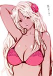  1girl arm_behind_head bra breasts cleavage dark_skin ganguro gyaru hair_flower large_breasts looking_at_viewer original parted_lips pink_bra pink_lips solo souryu text white_background 